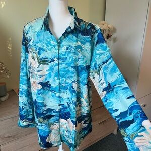 Blue Floral Water Waves Watercolor Print Button Down Long-Sleeve Modest Shirt L